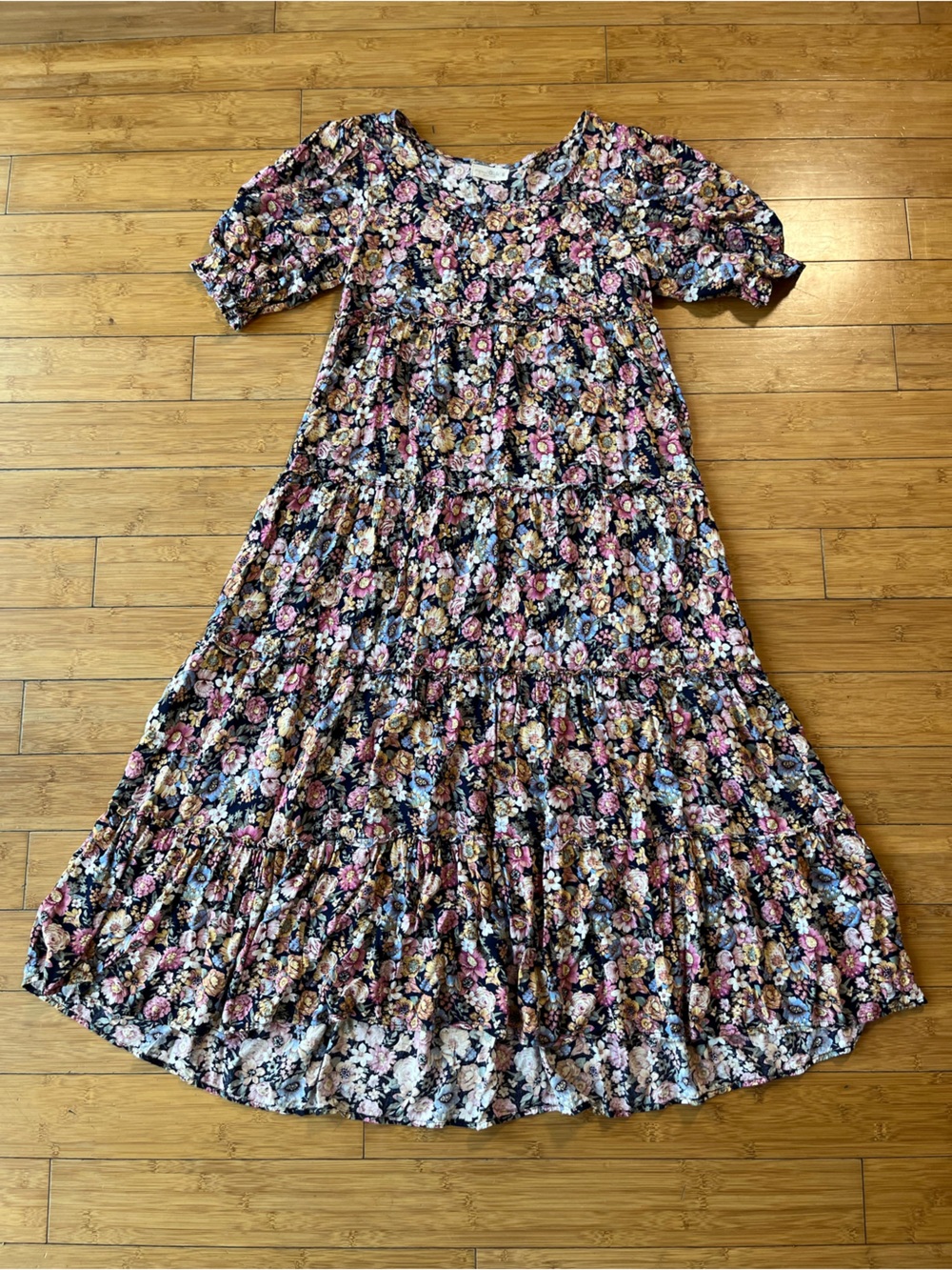 NATURAL LIFE Lucia Tiered Maxi Dress in Vintage Black, Pink, Gold Floral Print